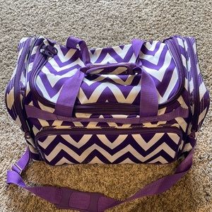 white and purple chevron duffel bag